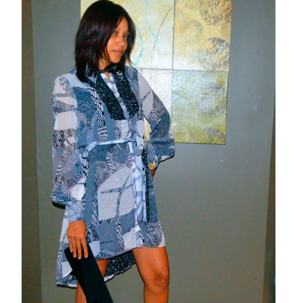 🔴Kirna Zabete Starry Print Hi-Low Hem Shirt Dress